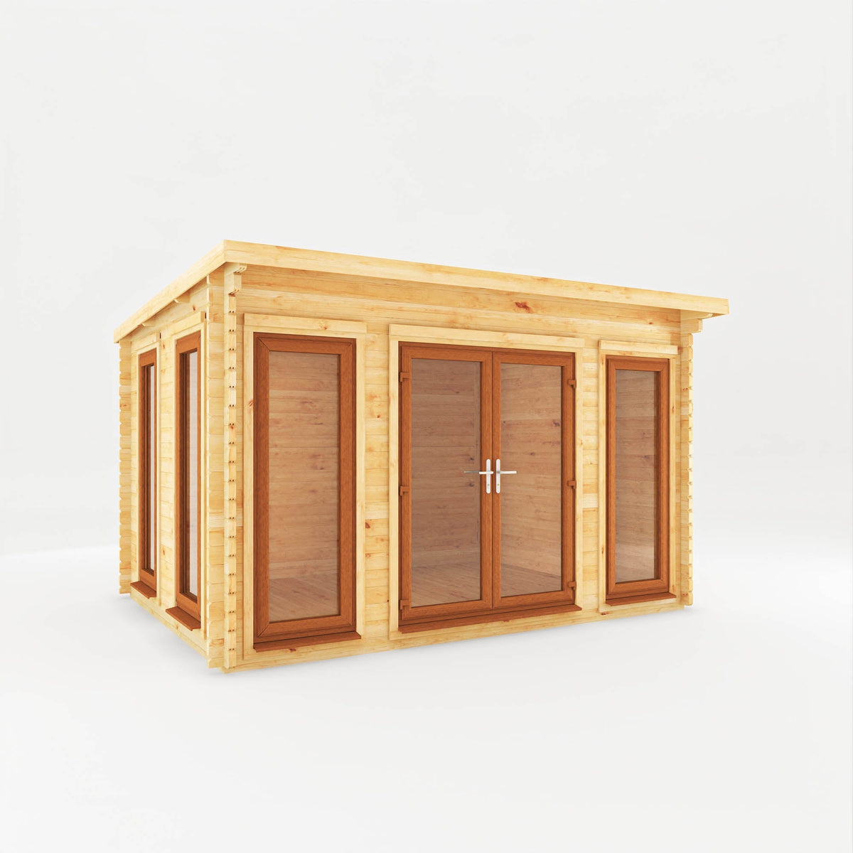 Mercia Garden Products Studio Pent Log Cabin with 44mm oak-effect UPVC roof, 4x3 meters, modern garden retreat and storage space.