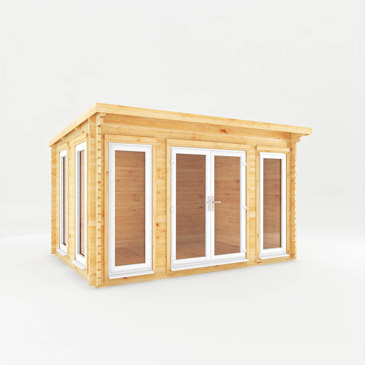 White Mercia Garden Products Studio Pent Log Cabin with a 4m x 3m size and 44mm thick walls, featuring a pent roof and UPVC finish.