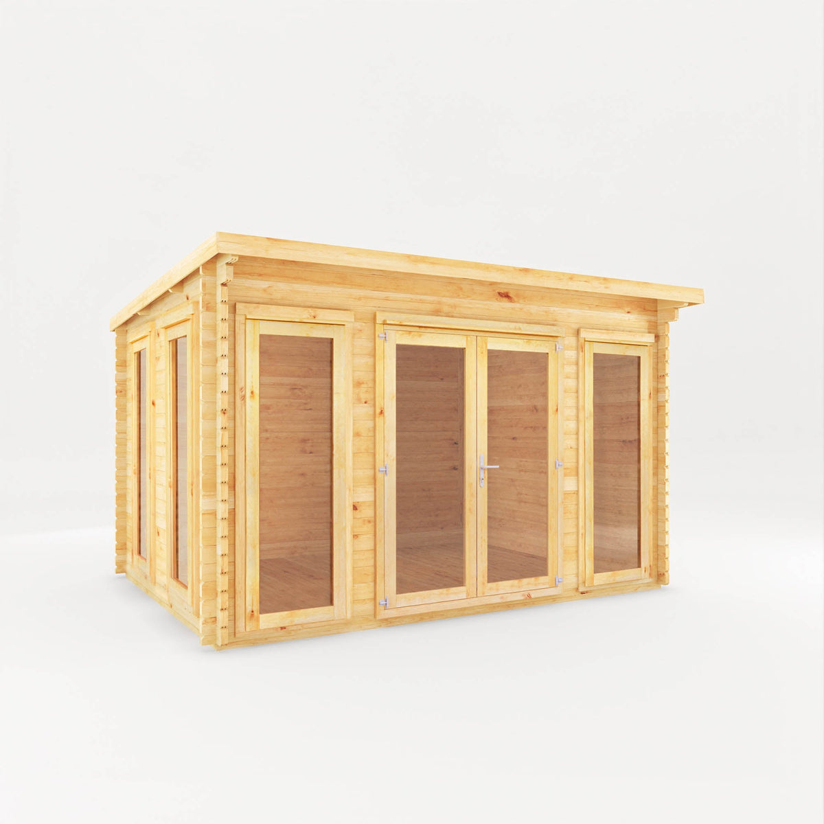Natural timber Studio Pent Log Cabin by Mercia Garden Products with a sloped roof and large windows, measuring 4x3 meters.
