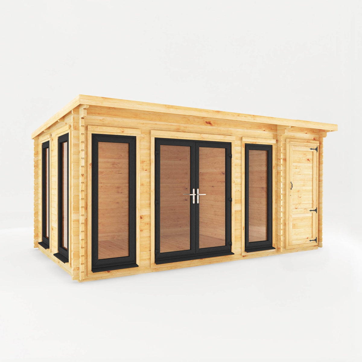 Mercia Garden Products Studio Pent Log Cabin with side shed, 1.5x3 meters, grey UPVC roof and 44mm timber walls.