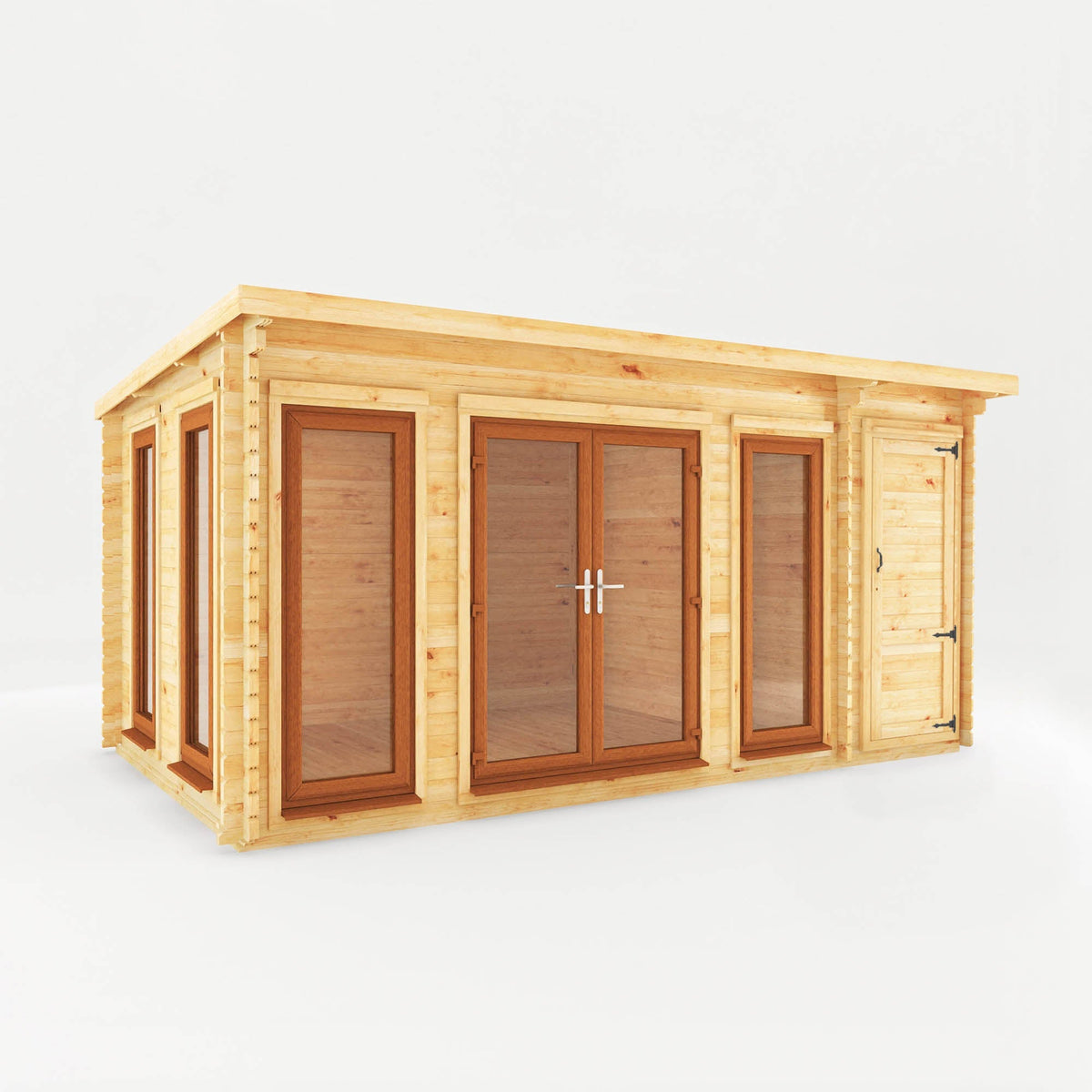 Mercia Garden Products Studio Pent Log Cabin with side shed, 5x3 meters, 44mm oak-effect UPVC roof, ideal for garden workspace.