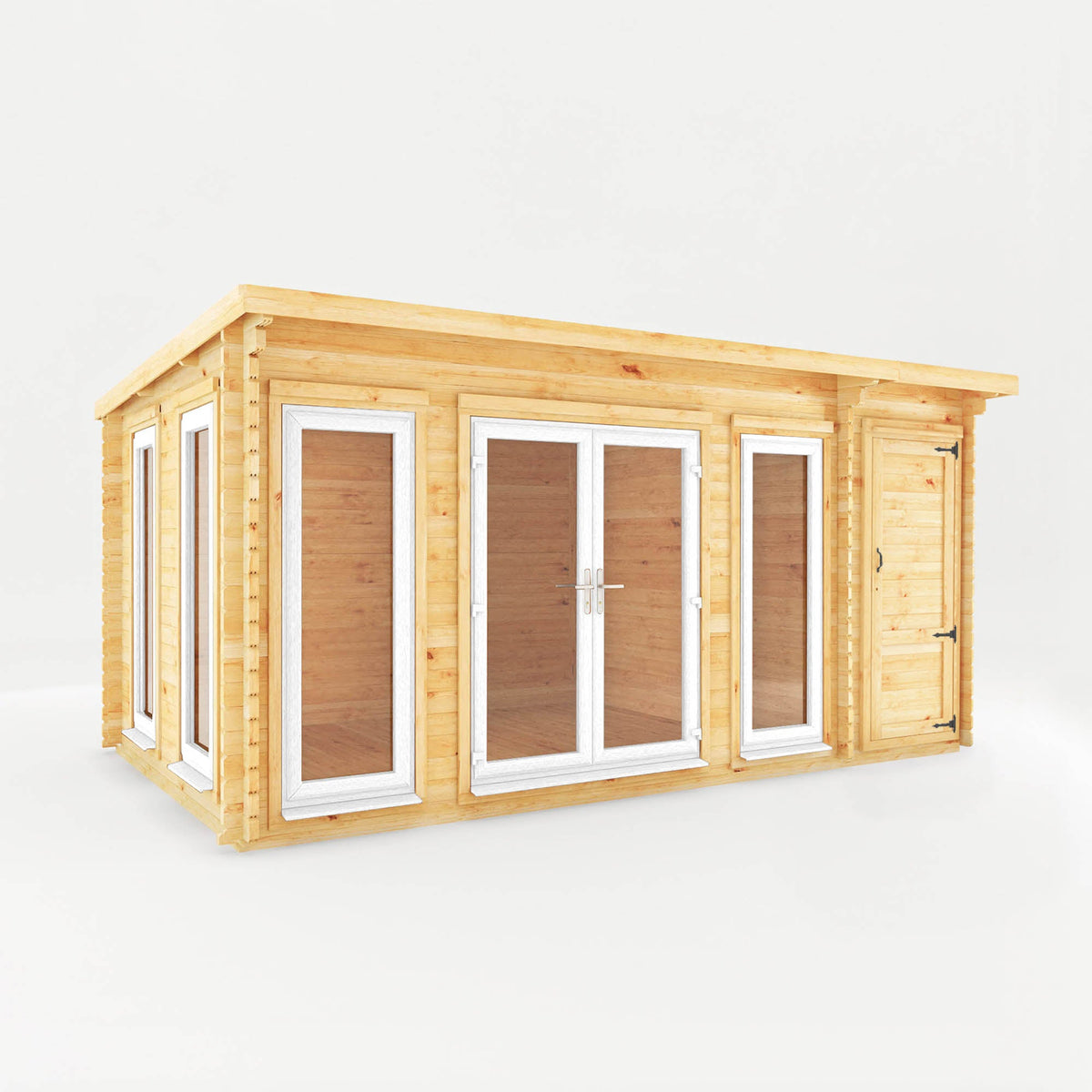 White Mercia Garden Products Studio Pent Log Cabin with side shed, 5.1m x 3m, 44mm walls and UPVC roof.
