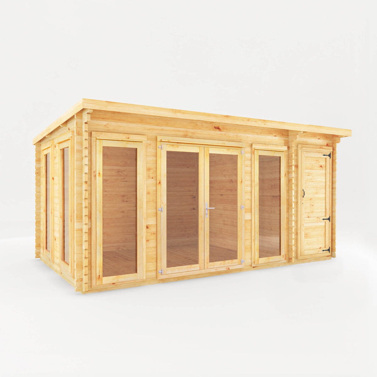 Mercia Garden Products Studio Pent Log Cabin with side shed, 1.5x3m, natural timber, modern design for outdoor use.