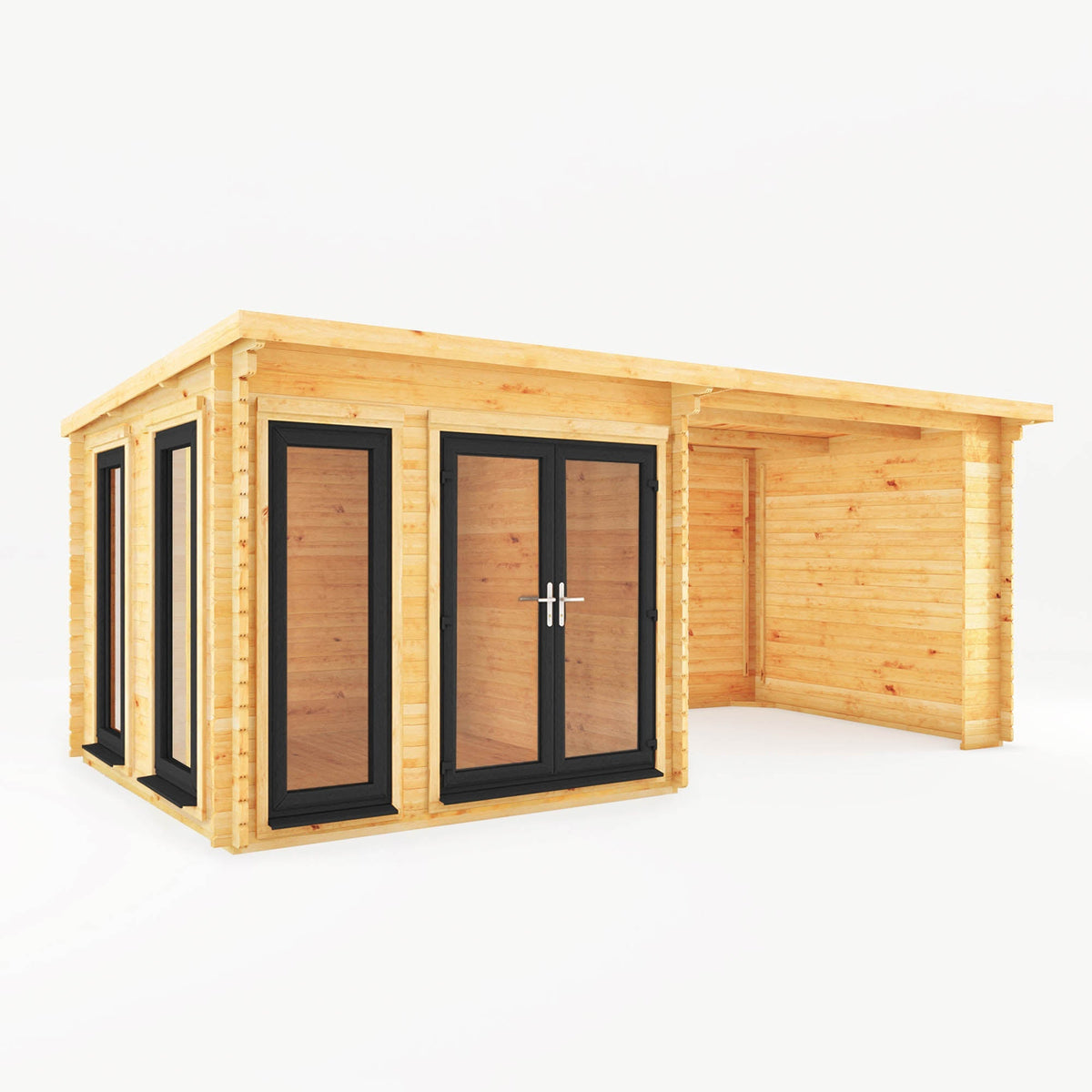 Mercia Garden Products Studio Pent Log Cabin with grey UPVC roof, 6x3m size, featuring a spacious patio area for outdoor use.