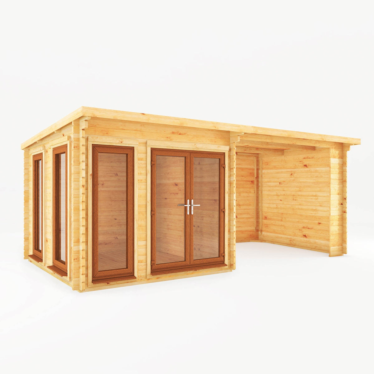 Mercia Garden Products Studio Pent Log Cabin with 6x3m size, oak UPVC roof, and spacious patio area for outdoor relaxing.