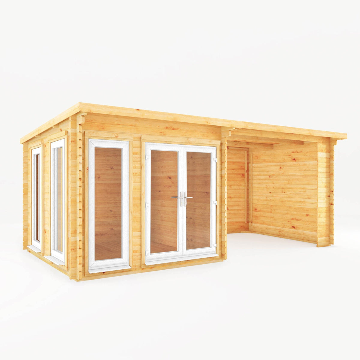 Mercia Garden Products Studio Pent Log Cabin with white UPVC windows, 6x3m size, featuring a patio area and 44mm thick walls.