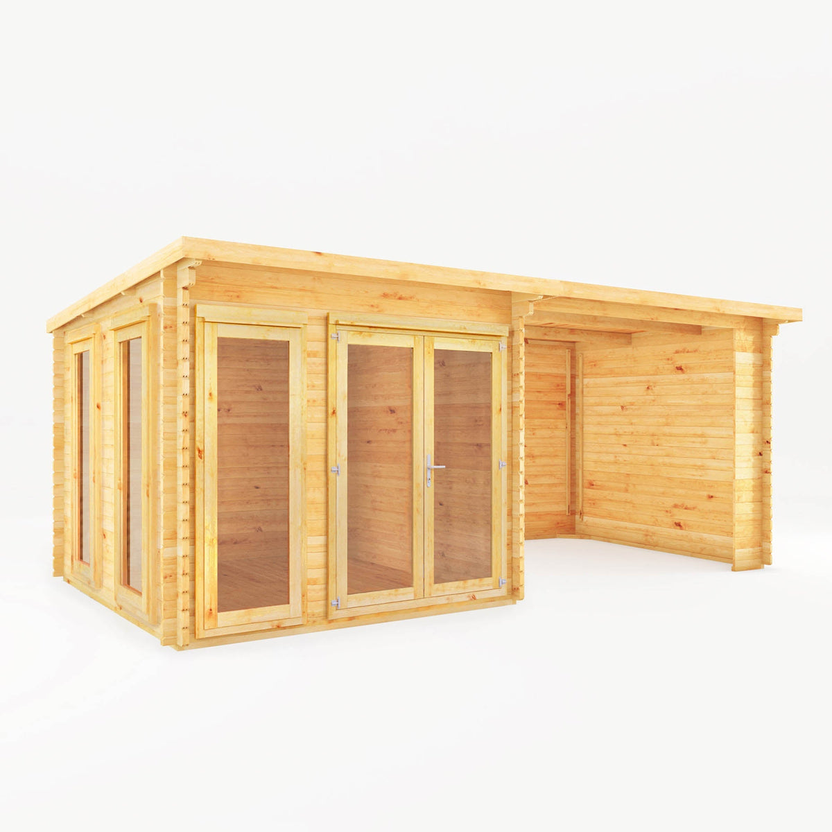 Mercia Garden Products Studio Pent Log Cabin with 6x3m natural timber design and patio area, ideal for garden relaxation.