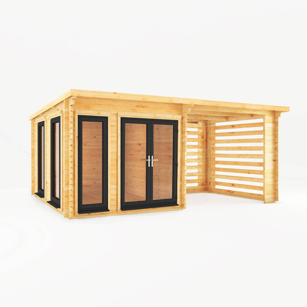 Mercia Garden Products studio pent log cabin with 44mm grey UPVC roof, 6x3m size, featuring a slatted area for outdoor relaxation.