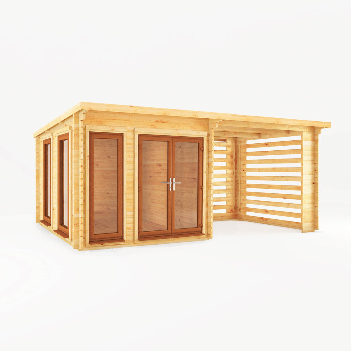 Mercia Garden Products Studio Pent Log Cabin with 44mm oak UPVC roof, 6x3m size, featuring a slatted area for outdoor relaxation.