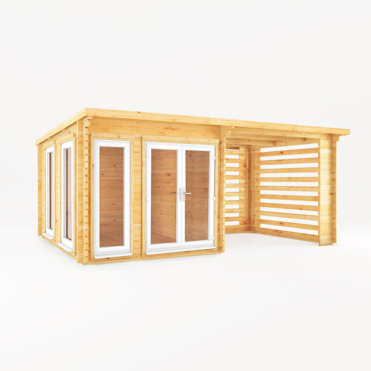White Mercia Garden Products Studio Pent Log Cabin with 6x3m size, slatted area, and 44mm thick walls, featuring a modern roof design.