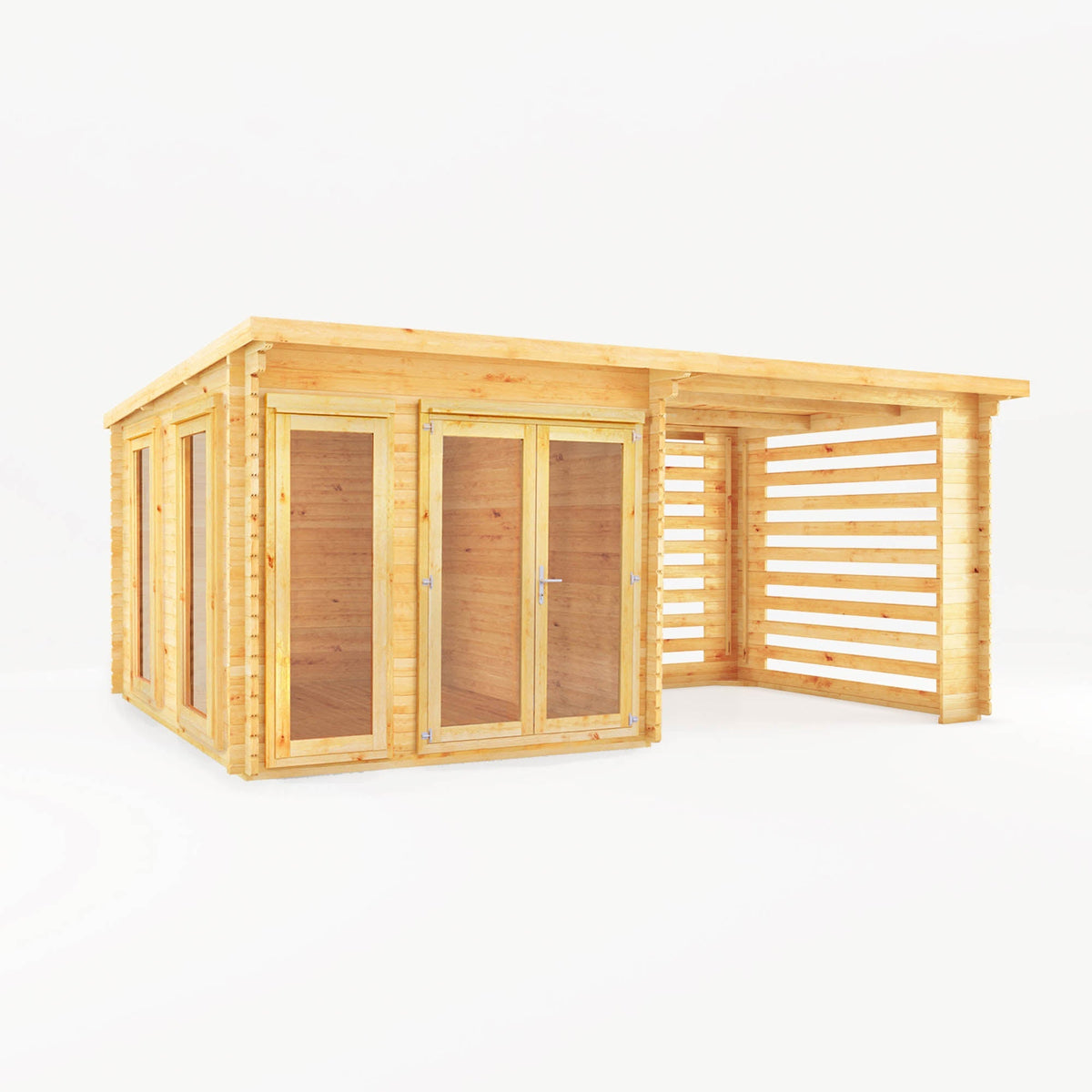 Mercia Garden Products Studio Pent Log Cabin with 6x3m pent roof, natural timber finish and slatted area for outdoor use.