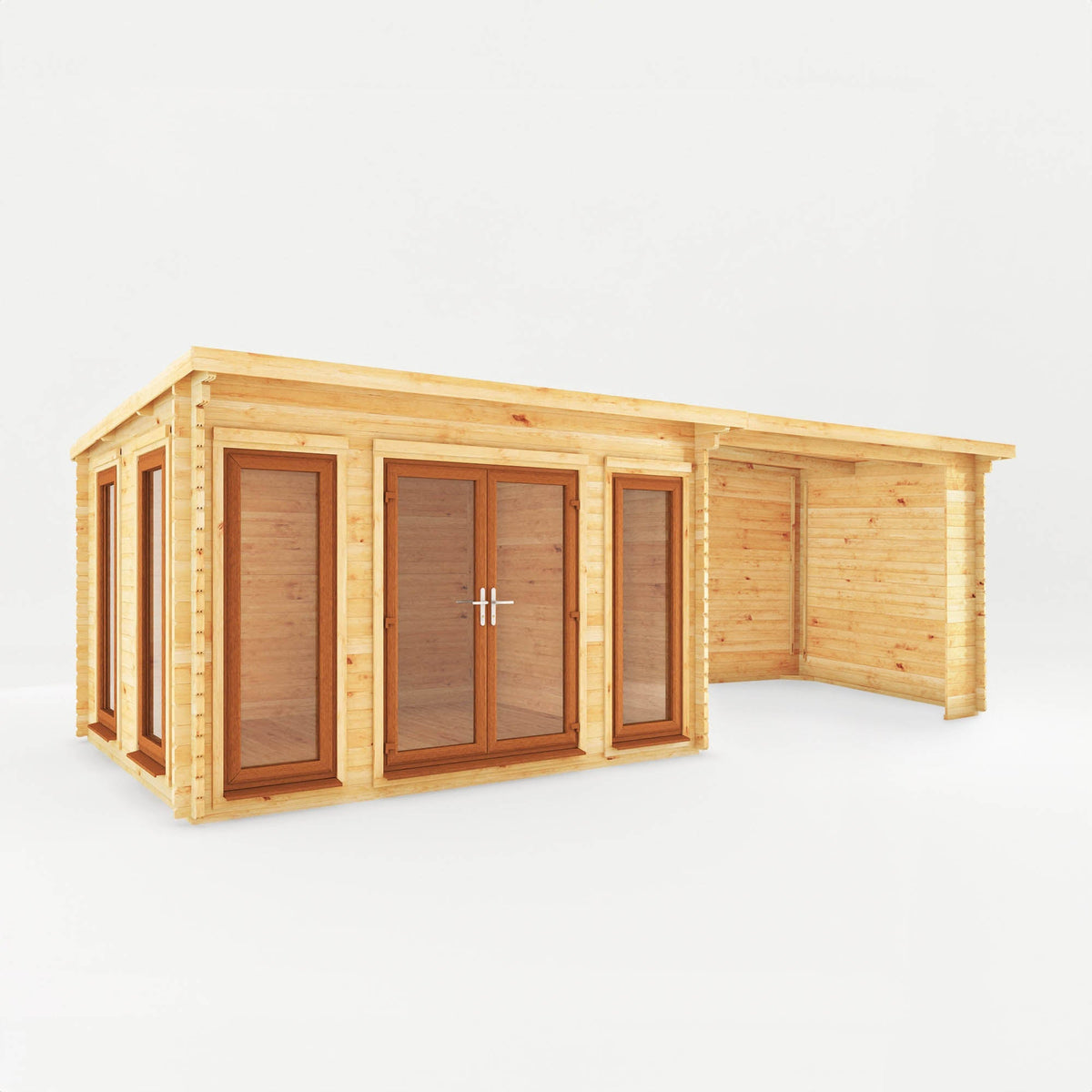 Mercia Garden Products Studio Pent Log Cabin with 7m x 3m oak UPVC roof and patio area, ideal for garden relaxation and outdoor activities.