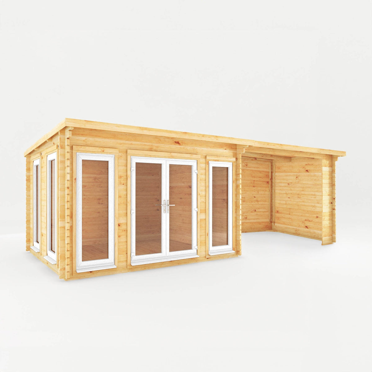 Mercia Garden Products Studio Pent Log Cabin with white UPVC windows, 7x3m size, featuring a patio area and 44mm timber walls.