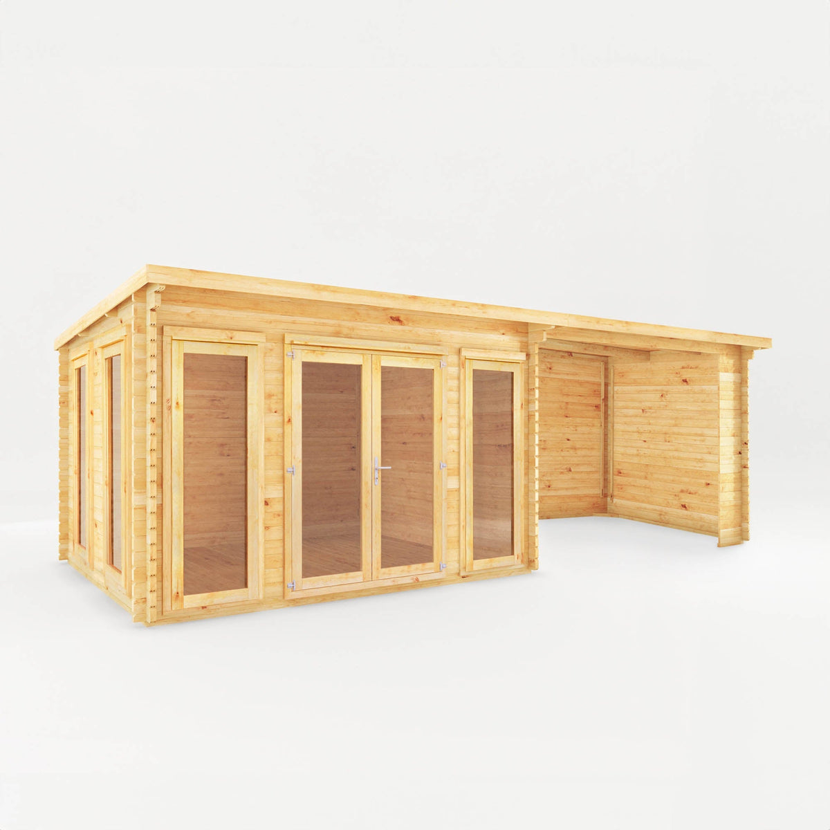 Mercia Garden Products Studio Pent Log Cabin with 7x3m natural timber construction and patio area, ideal for outdoor relaxation.