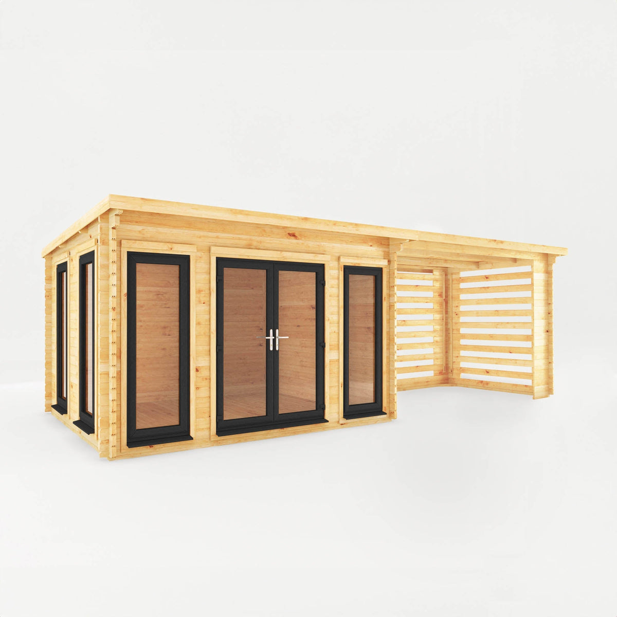 Mercia Garden Products Studio Pent Log Cabin with 7x3m grey UPVC roof, featuring a slatted area and 44mm thick walls.