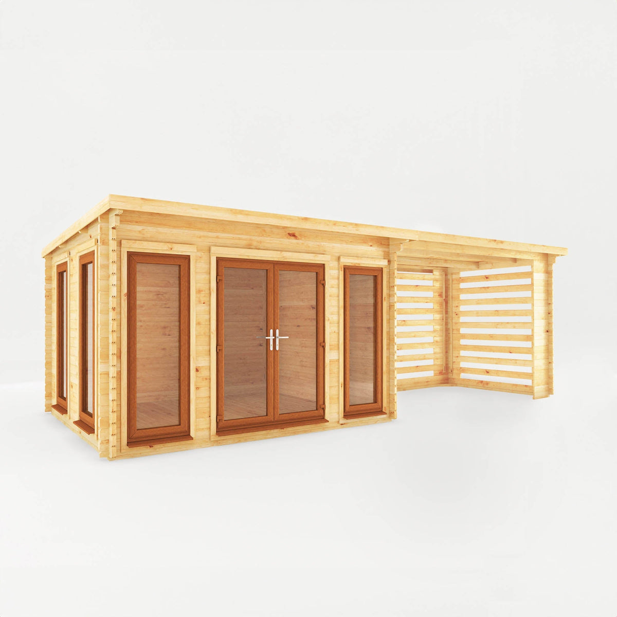 Mercia Garden Products Studio Pent Log Cabin with 7x3m size, slatted area, 44mm oak UPVC roof, outdoor garden retreat