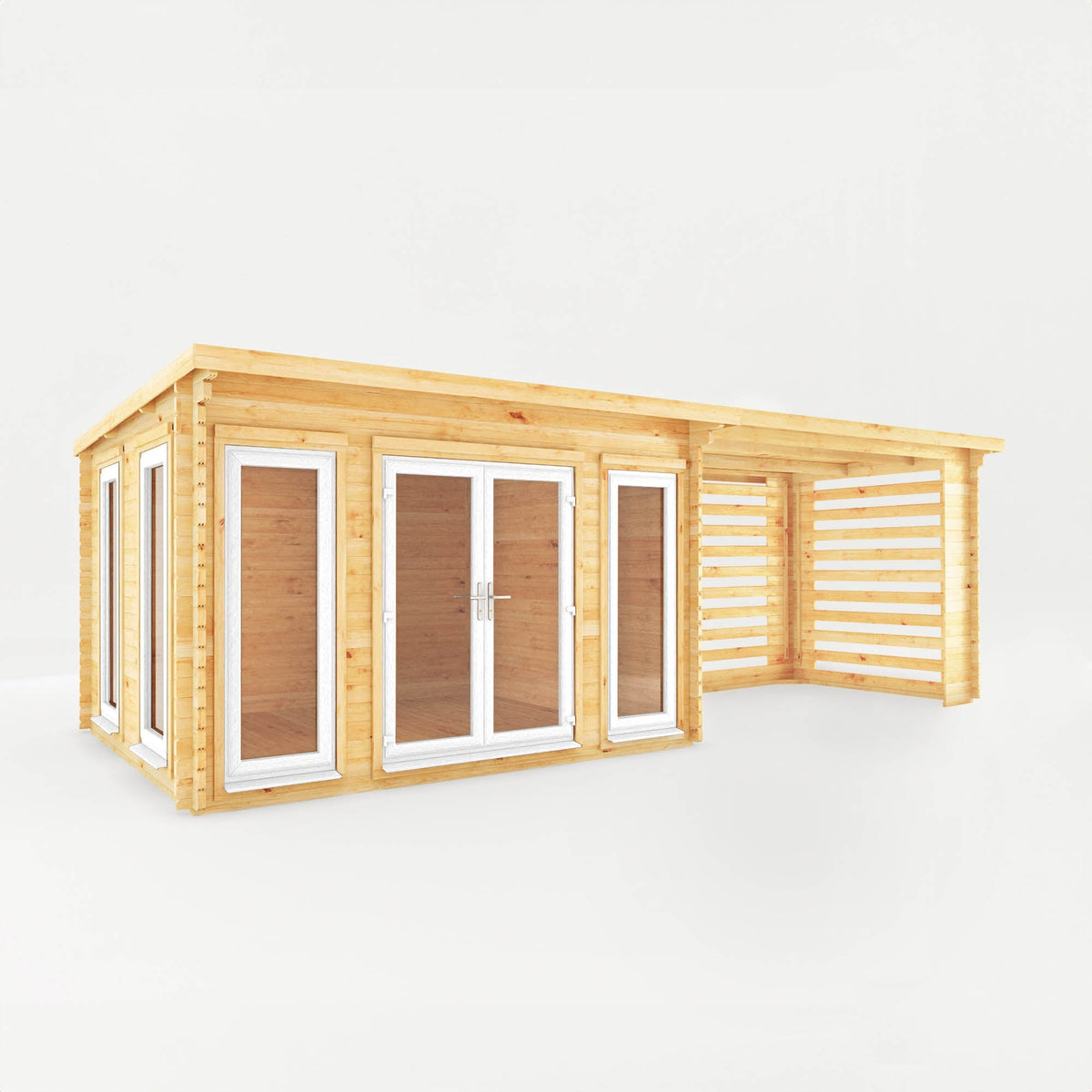 White Mercia Garden Products Studio Pent Log Cabin with 44mm walls, 7x3m size, featuring a slatted area and pent roof design.