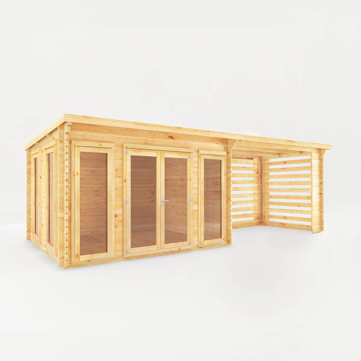Mercia Garden Products Studio Pent Log Cabin with 7x3m size, natural timber, featuring a pent roof and slatted area for outdoor use.