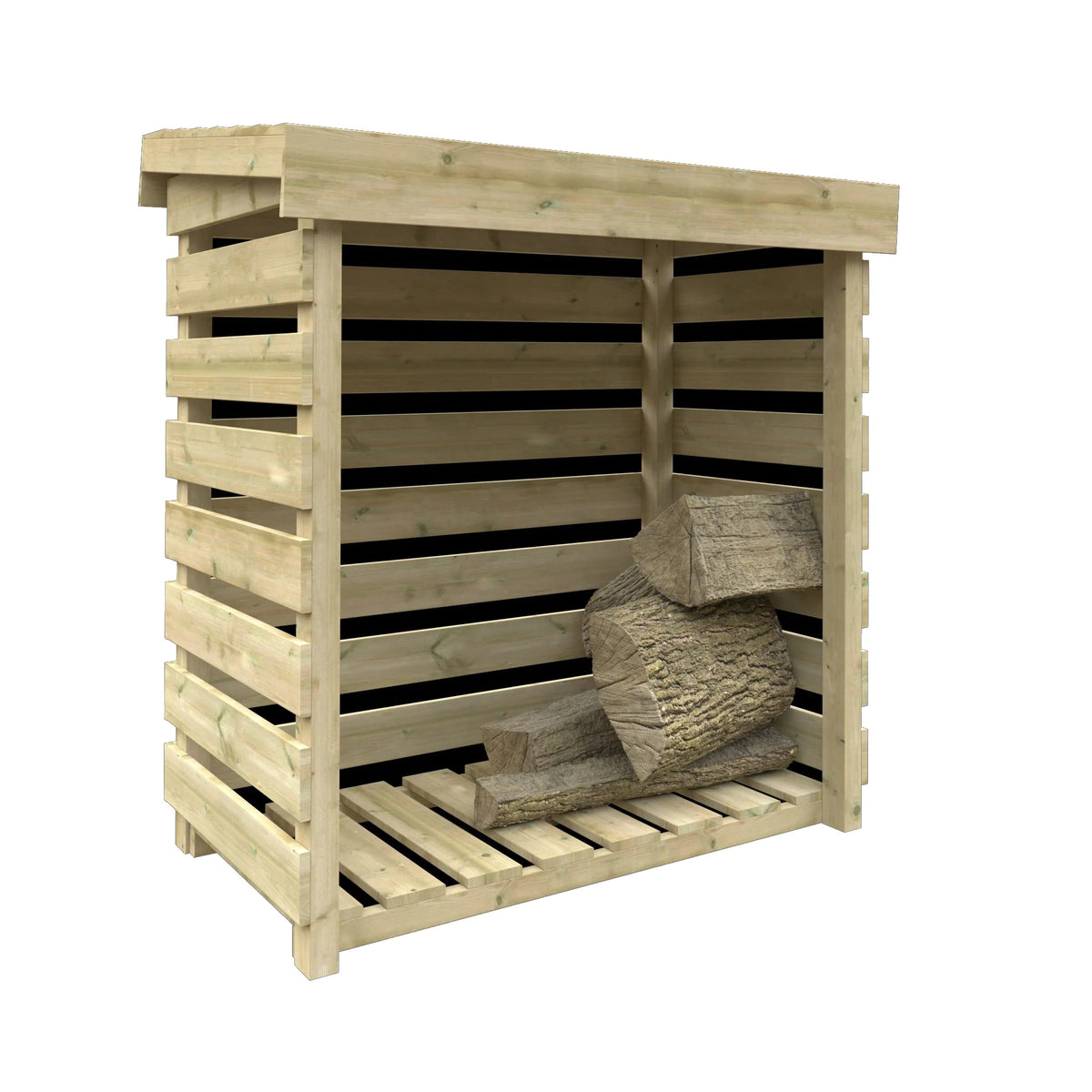 Norven Gardens pressure-treated log store with slatted sides, tanalised wood for outdoor storage of firewood or logs.