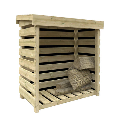 Norven Gardens pressure-treated log store with slatted sides, tanalised wood for outdoor storage of firewood or logs.
