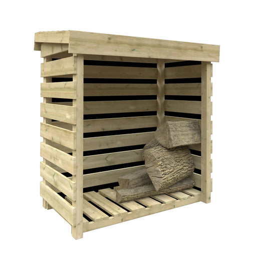Norven Gardens pressure-treated log store with slatted sides, tanalised wood for outdoor storage of firewood or logs.