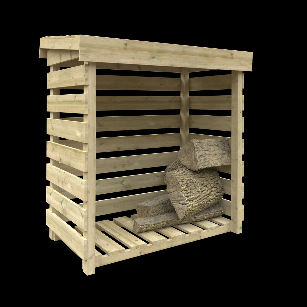 Norven Gardens pressure treated log store with slatted sides for outdoor storage of firewood or logs.