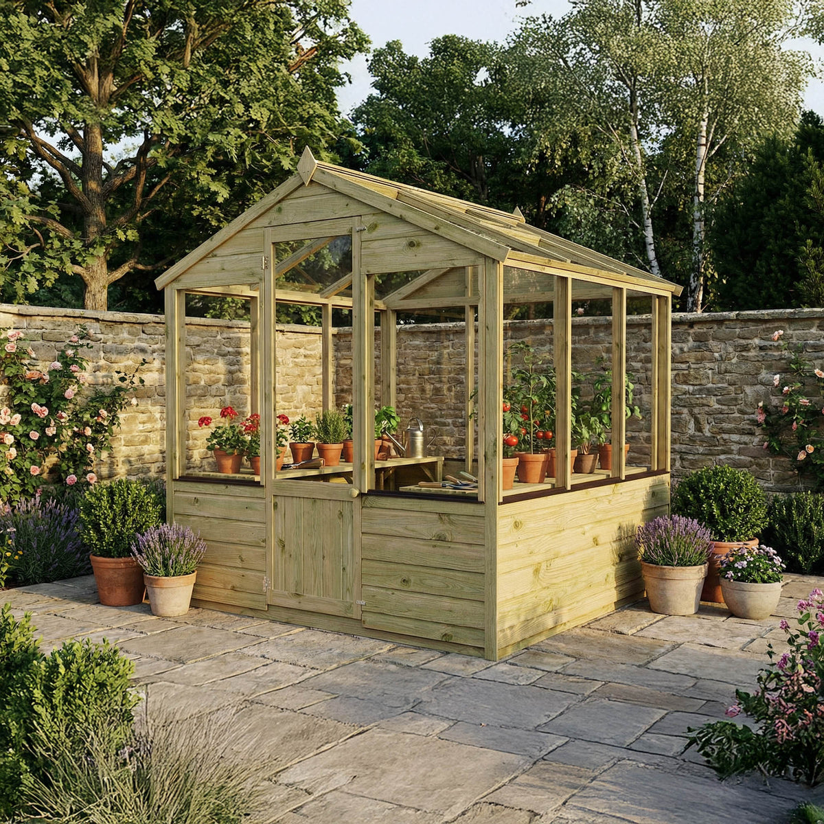 Traditional wooden greenhouse by Mercia Garden Products, featuring a 6x6 design with clear glass panels for gardening.