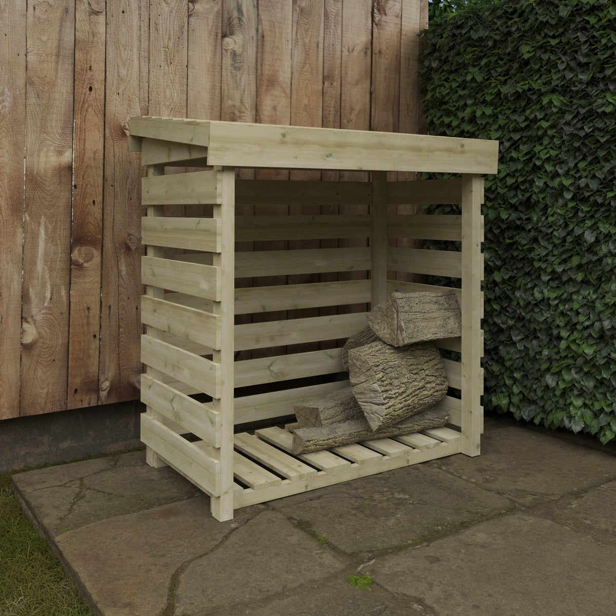 Pressure-treated wooden log store by Norven Gardens, sturdy outdoor storage for firewood or garden supplies.