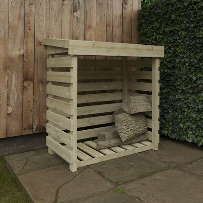 Pressure-treated wooden log store by Norven Gardens, sturdy outdoor storage for firewood or garden supplies.