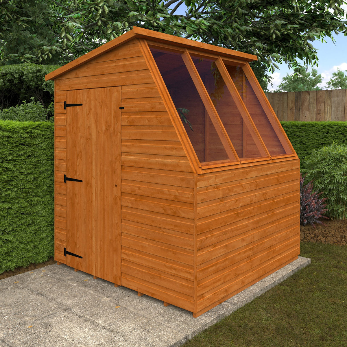 Wooden Norven Classic Potting Shed by Norven Gardens, 6x6 size, featuring a sturdy wooden structure and a glass-paneled door.