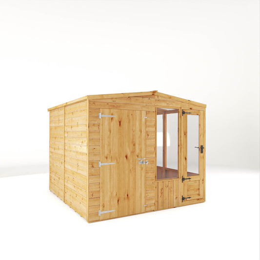 Mercia Garden Products Woodsman Combi Greenhouse with Shed, 8x8 pent lean-to glass structure, suitable for gardening and plant cultivation.